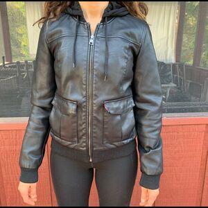 Levi’s black faux leather moto jacket/fleece hood, pockets, zipper, cuffs, XS